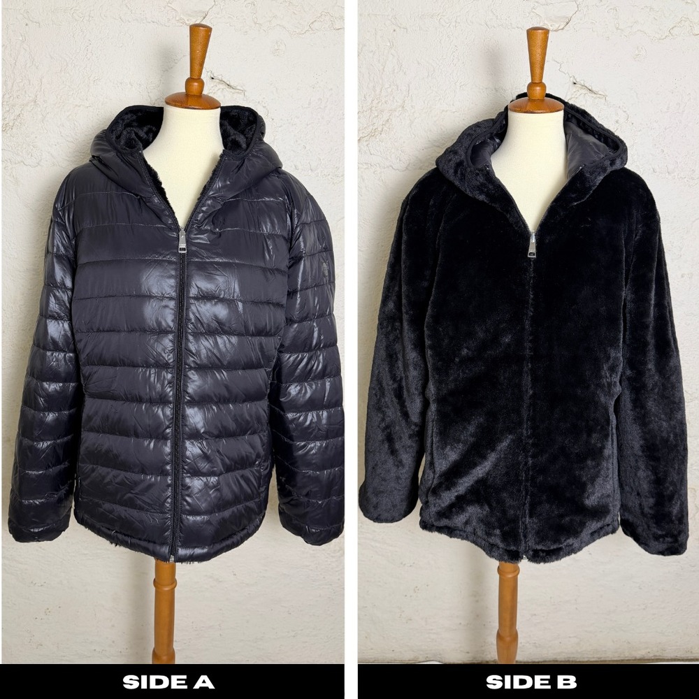 Andrew Marc Womens Faux Fur Hooded Reversible Puffer Jacket XXL Black Cozy Coat